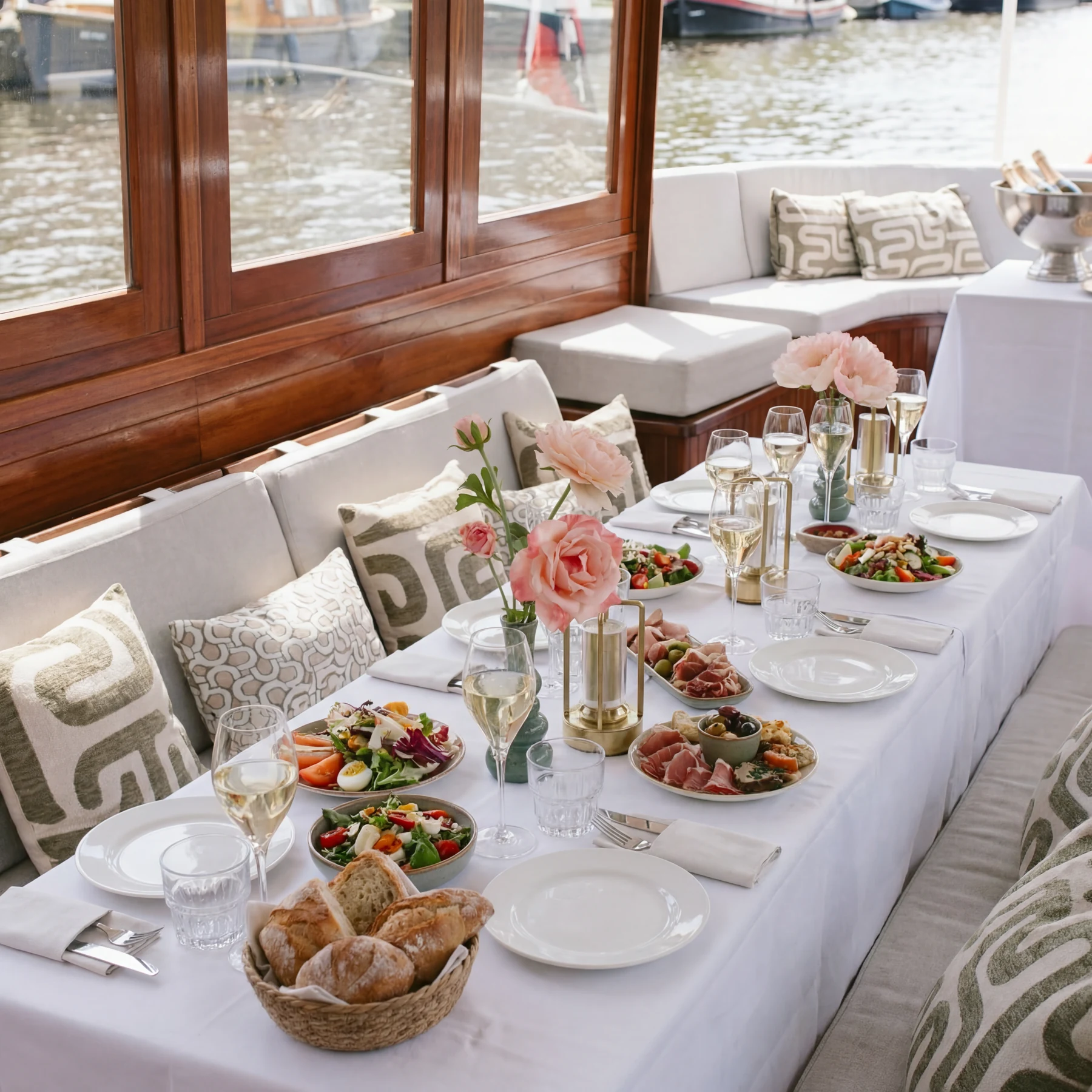 Gedekte dinertafel aan boord van een salonboot