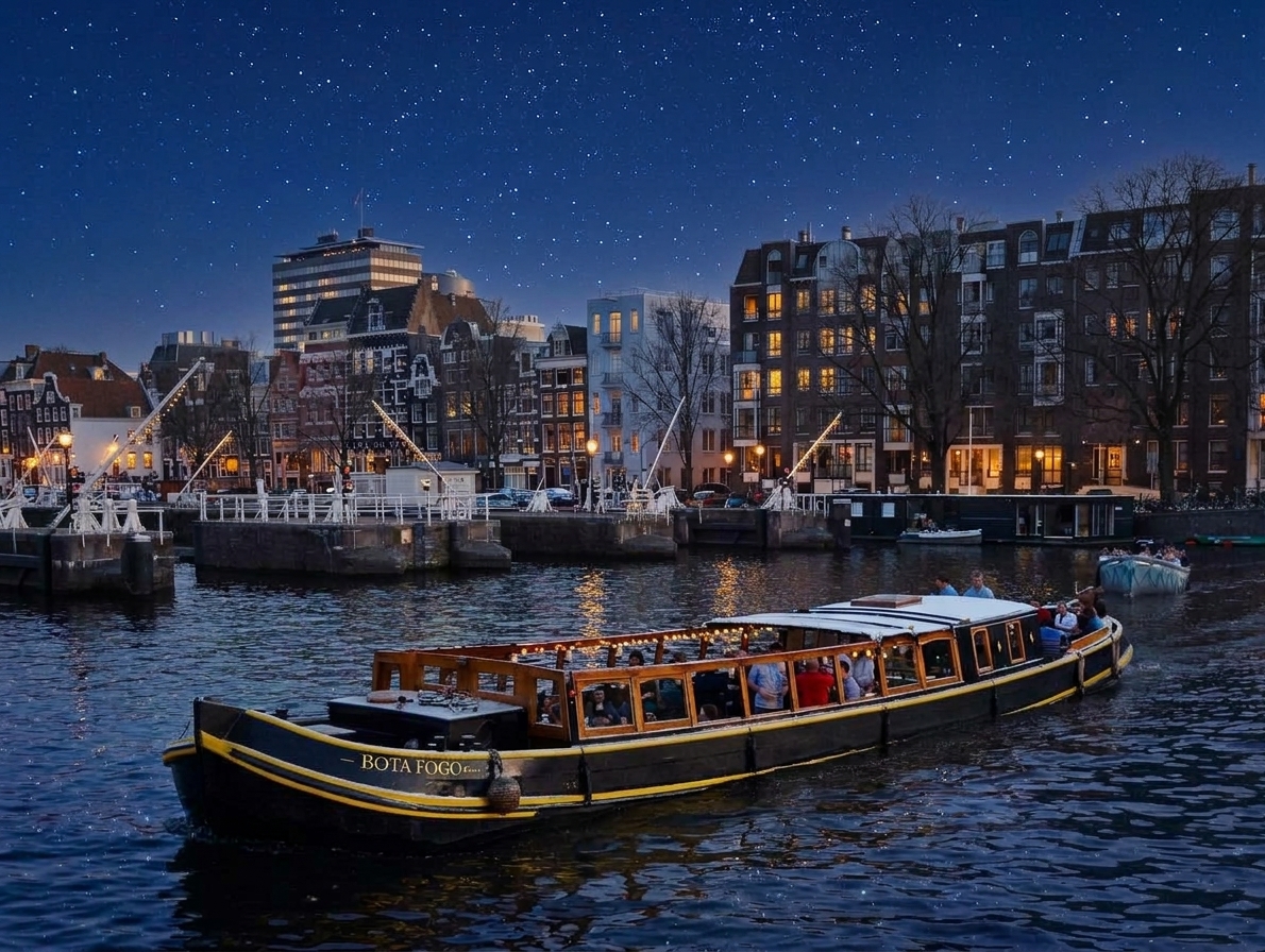 Salonboot Bota Fogo bij avond onder een sterrenhemel op de Amsterdamse grachten