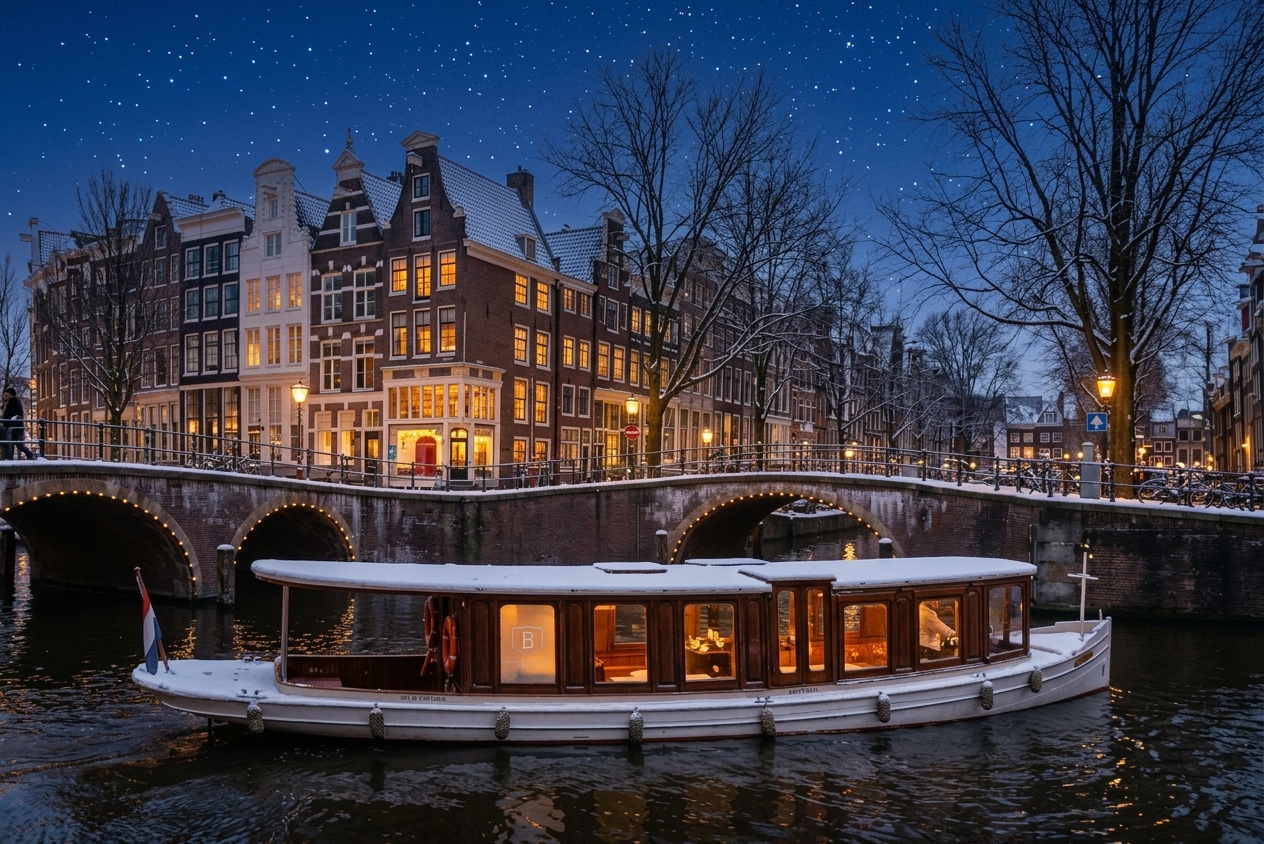 Salonboot Ondine langs een besneeuwde Amsterdamse gracht bij avond