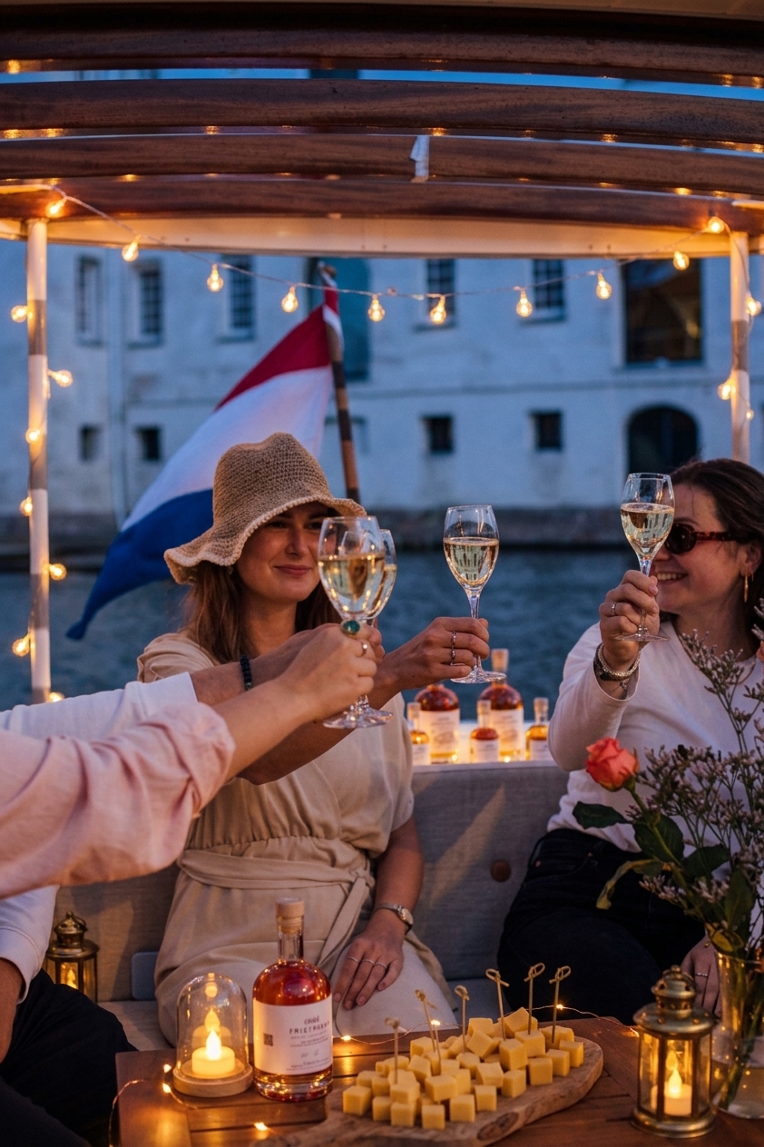 Bedrijfsuitje met meerdere verwarmde salonboten op de Amsterdamse grachten in de winter