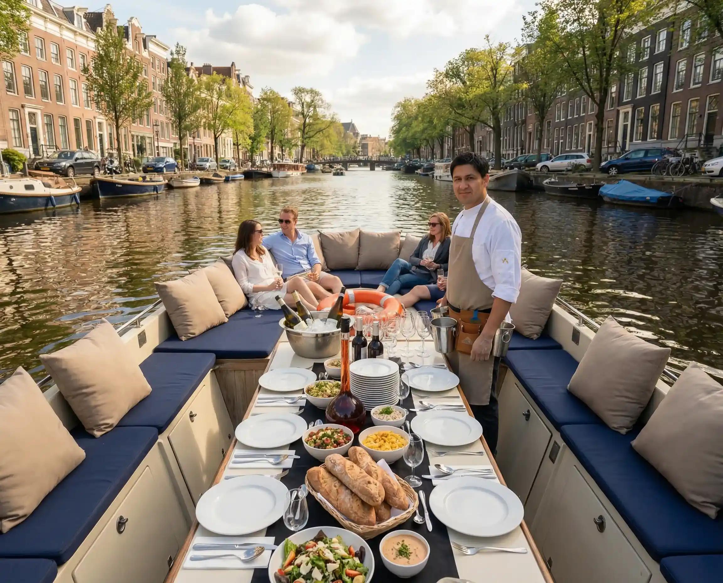 Gedekte tafel met gerechten tijdens een vaart door Amsterdam