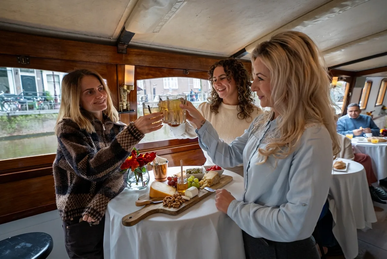 Kaasproeverij met wijn aan boord in Amsterdam