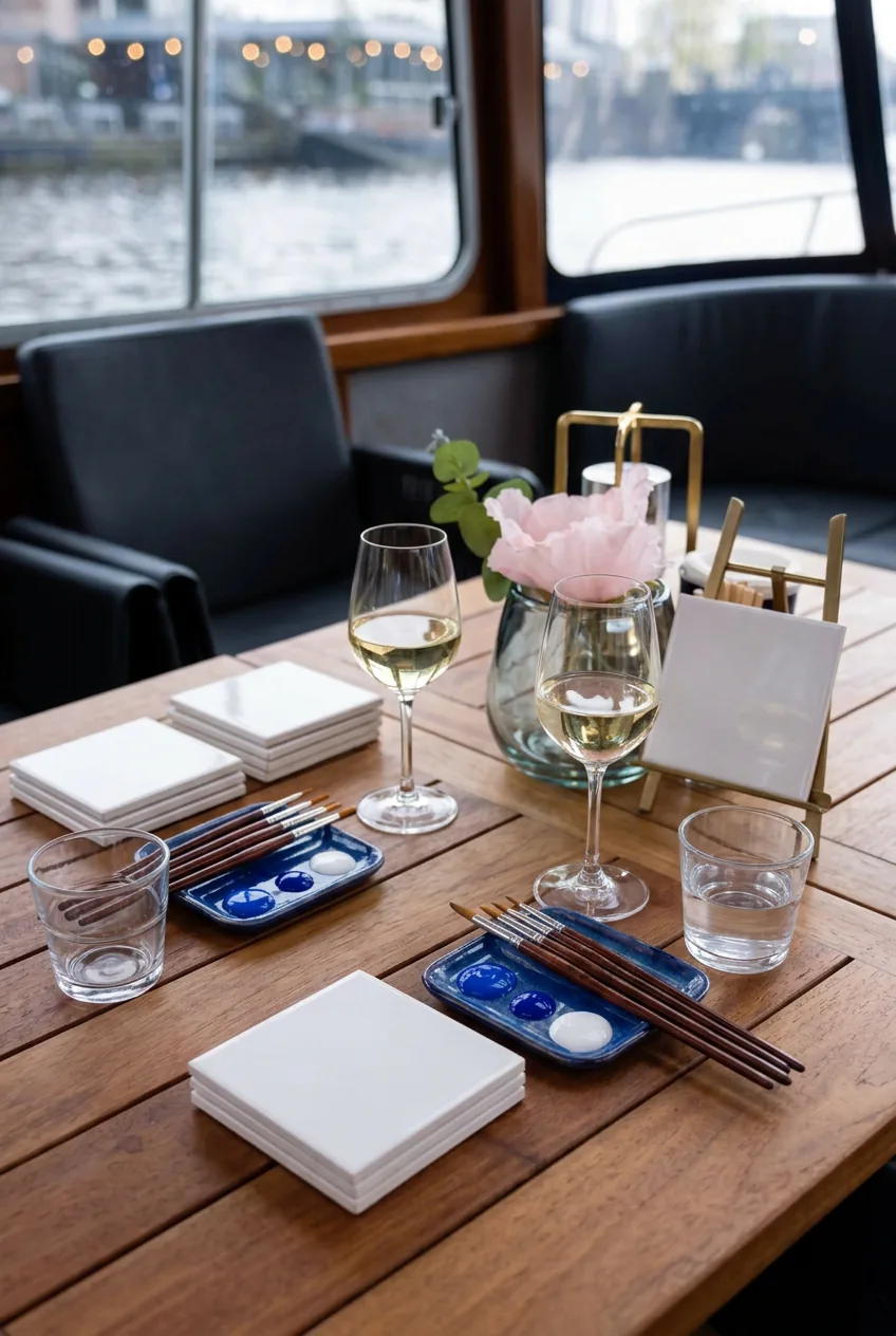 Delfts Blauw schilderen aan boord van een salonboot in Amsterdam